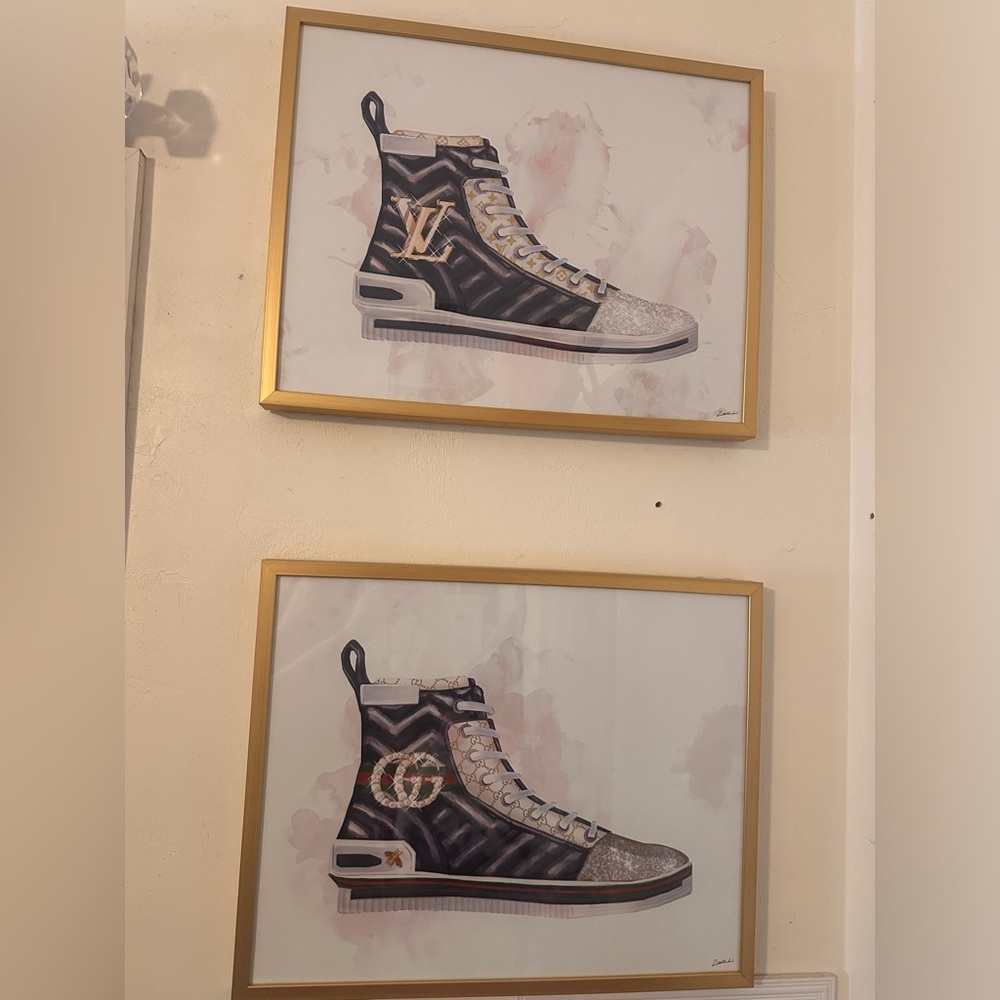 Louis Vuitton and Gucci shoe prints in gold frames